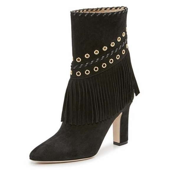 Tamara Mellon Black Suede Leather Fringe Gold Grommet Boots Booties 36